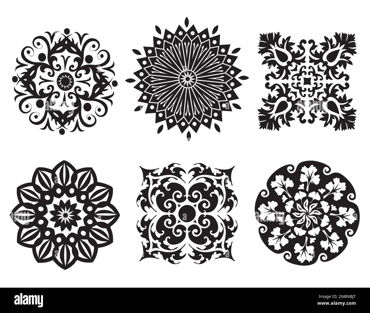 Ensemble de fleurs nature Mandalas en noir et blanc Illustration de Vecteur