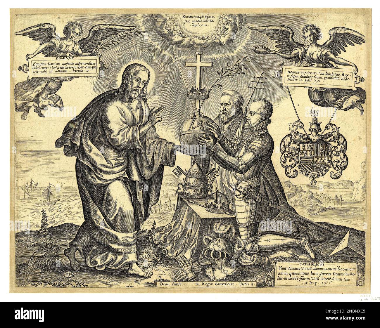 Christ donne les symboles du pouvoir à Philippe II et au Pape Grégoire XIII; Christ fait un geste de bénédiction et tient une orbe; Le Pape et le Roi placent leurs mains sur l'orbe et s'agenouillent devant une table sur laquelle repose une couronne et un sceptre, une tiara et les clés de Saint Pierre; l'orbe a une épée et une branche d'olive, une couronne et une croix; Les trois figures centrales sont bordées de deux anges tenant une paume, une couronne et des cartouilles; les armoiries de Philip sont à droite. Gravure, 1570-1580, 230 millimètres x 293 millimètres. MUSÉE : BRITISH MUSEUM, LONDRES, ROYAUME-UNI. Banque D'Images