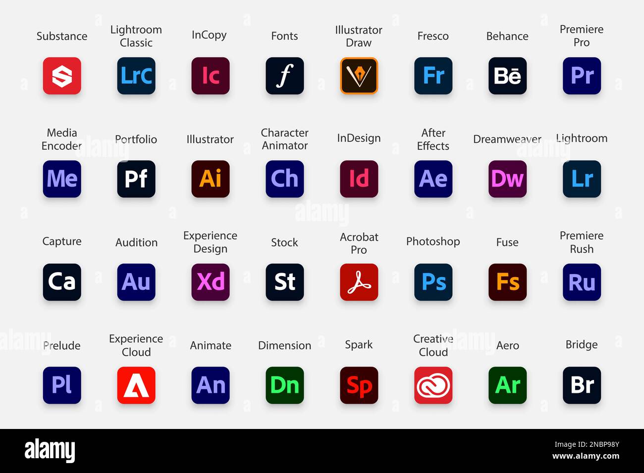Collection d'icônes de produits Adobe. Ensemble du logo Adobe Illustration de Vecteur