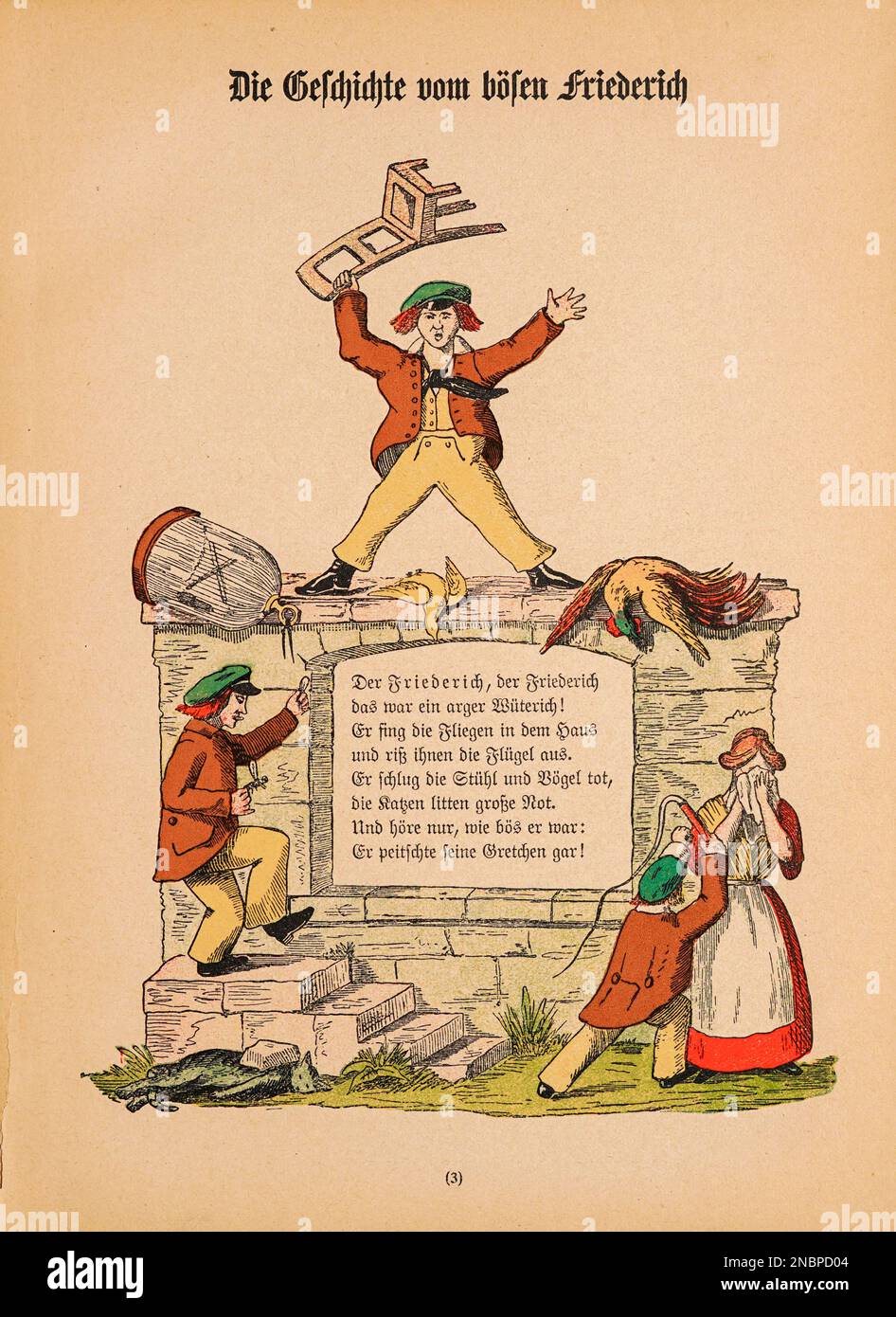 Die Geschichte vom bösen Friederich (l'histoire du mal Friederich) de la version allemande originale du livre ' Das Struwwwwelpeter-album : aus Bilderbüchern ' par Hoffmann, Heinrich, 1809-1894 Date de publication 1900 Editeur Francfort-sur-le-main : Rütten & Loening [ Der Struwelpeter (« Peter à tête de robinet » ou « Peter de poignard ») est un livre pour enfants allemand de Heinrich Hoffmann publié en 1845. Il comprend dix histoires illustrées et rimées, principalement sur les enfants. Chacun a une morale claire qui démontre les conséquences désastreuses des mauvais comportements d'une manière exagérée.[1] le titre de la première histoire provid Banque D'Images