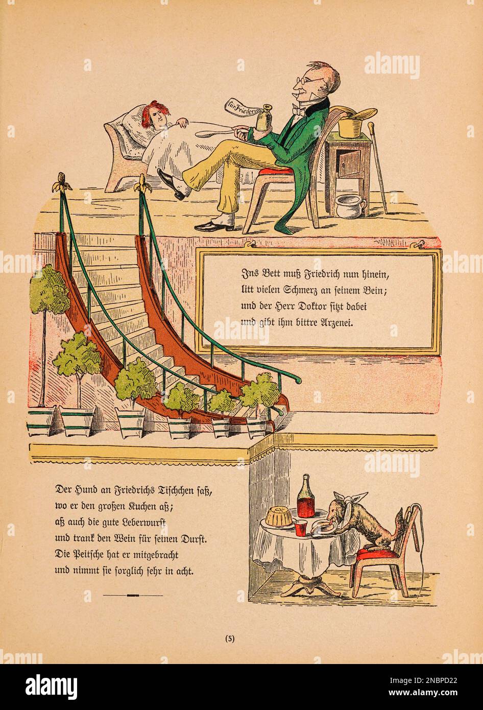 Die Geschichte vom bösen Friederich (l'histoire du mal Friederich) de la version allemande originale du livre ' Das Struwwwwelpeter-album : aus Bilderbüchern ' par Hoffmann, Heinrich, 1809-1894 Date de publication 1900 Editeur Francfort-sur-le-main : Rütten & Loening [ Der Struwelpeter (« Peter à tête de robinet » ou « Peter de poignard ») est un livre pour enfants allemand de Heinrich Hoffmann publié en 1845. Il comprend dix histoires illustrées et rimées, principalement sur les enfants. Chacun a une morale claire qui démontre les conséquences désastreuses des mauvais comportements d'une manière exagérée.[1] le titre de la première histoire provid Banque D'Images