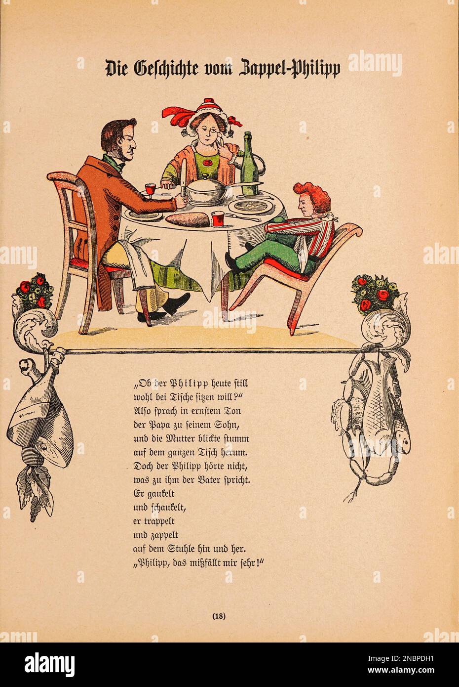 Die Geschichte vom Zappel philipp - l'histoire de fidgety philipp de la version allemande originale du livre ' Das Struwwwelpeter-album : aus Bilderbüchern ' par Hoffmann, Heinrich, 1809-1894 Date de publication 1900 Editeur Frankfurt am main : Rütten & Loening [ Der Struwelpeter (« Peter à tête de robinet » ou « Peter de poignard ») est un livre pour enfants allemand de Heinrich Hoffmann publié en 1845. Il comprend dix histoires illustrées et rimées, principalement sur les enfants. Chacun a une morale claire qui démontre les conséquences désastreuses des mauvais comportements d'une manière exagérée.[1] le titre de la première histoire fournit le Banque D'Images
