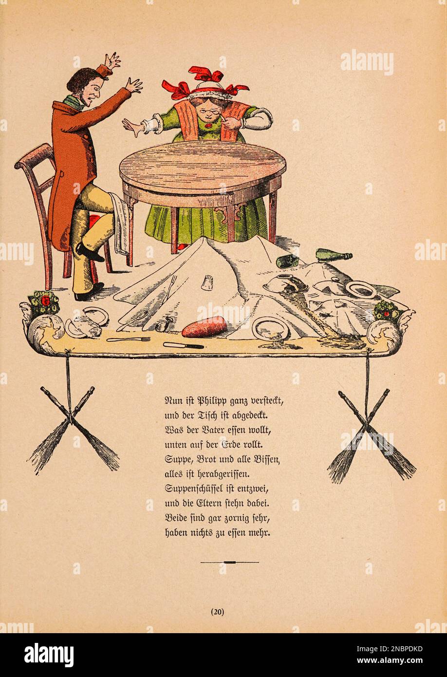 Die Geschichte vom Zappel philipp - l'histoire de fidgety philipp de la version allemande originale du livre ' Das Struwwwelpeter-album : aus Bilderbüchern ' par Hoffmann, Heinrich, 1809-1894 Date de publication 1900 Editeur Frankfurt am main : Rütten & Loening [ Der Struwelpeter (« Peter à tête de robinet » ou « Peter de poignard ») est un livre pour enfants allemand de Heinrich Hoffmann publié en 1845. Il comprend dix histoires illustrées et rimées, principalement sur les enfants. Chacun a une morale claire qui démontre les conséquences désastreuses des mauvais comportements d'une manière exagérée.[1] le titre de la première histoire fournit le Banque D'Images