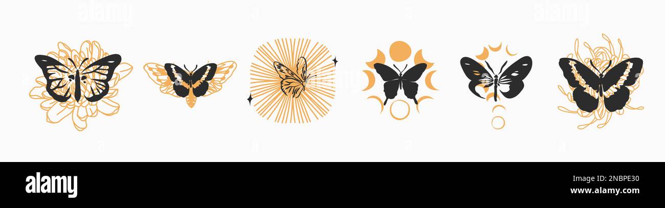 Dessin à la main vecteur résumé illustrations graphiques concept céleste avec logo ligne magique silhouette ensemble de mystique volant papillon, papillon, papillon, papillon, soleil et Illustration de Vecteur