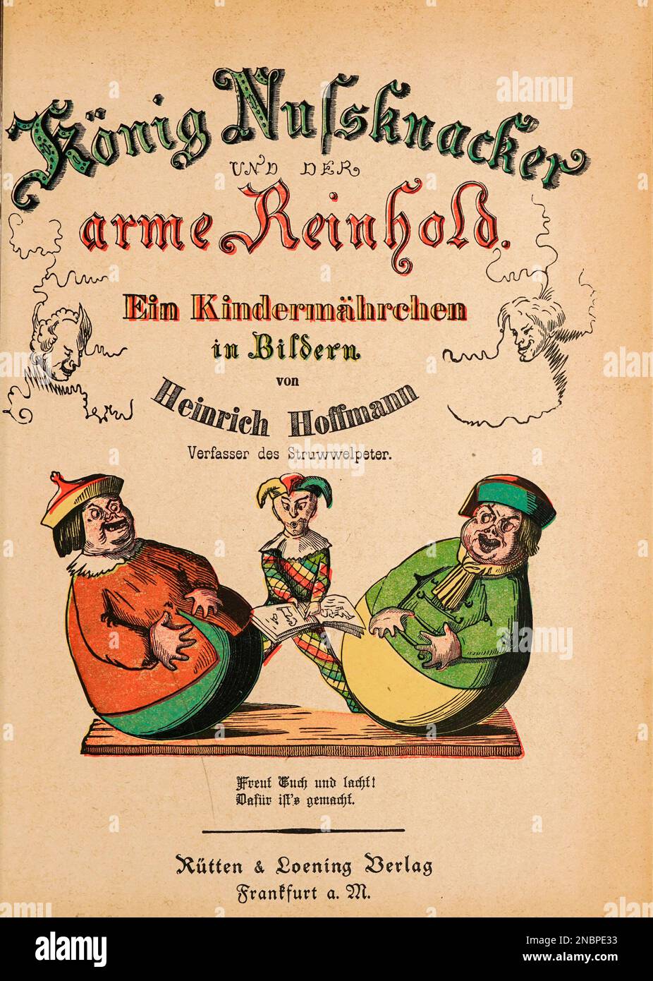 König Nussknacker und der arme Reinhold - King Nutcracker and Poor Reinhold de la version allemande originale du livre ' Das Struwwwwwelpeter-album : aus Bilderbüchern ' par Hoffmann, Heinrich, 1809-1894 Date de publication 1900 Publisher Frankfurt am main : Rütten & Loening [ Der Struwelpeter (« Peter à tête de robinet » ou « Peter de poignard ») est un livre pour enfants allemand de Heinrich Hoffmann publié en 1845. Il comprend dix histoires illustrées et rimées, principalement sur les enfants. Chacun a une morale claire qui démontre les conséquences désastreuses des mauvais comportements d'une manière exagérée.[1] le titre de la première histoire p Banque D'Images