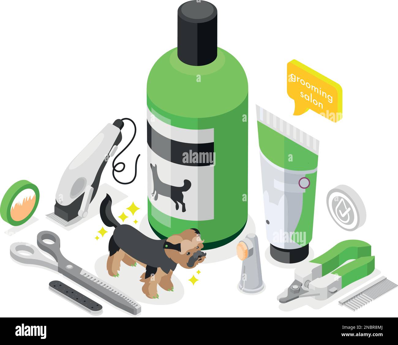 Composition isométrique de salon de toilettage avec des icônes de shampooing et de pots de crème ciseaux tondeuse et illustration de petit chien vecteur Illustration de Vecteur