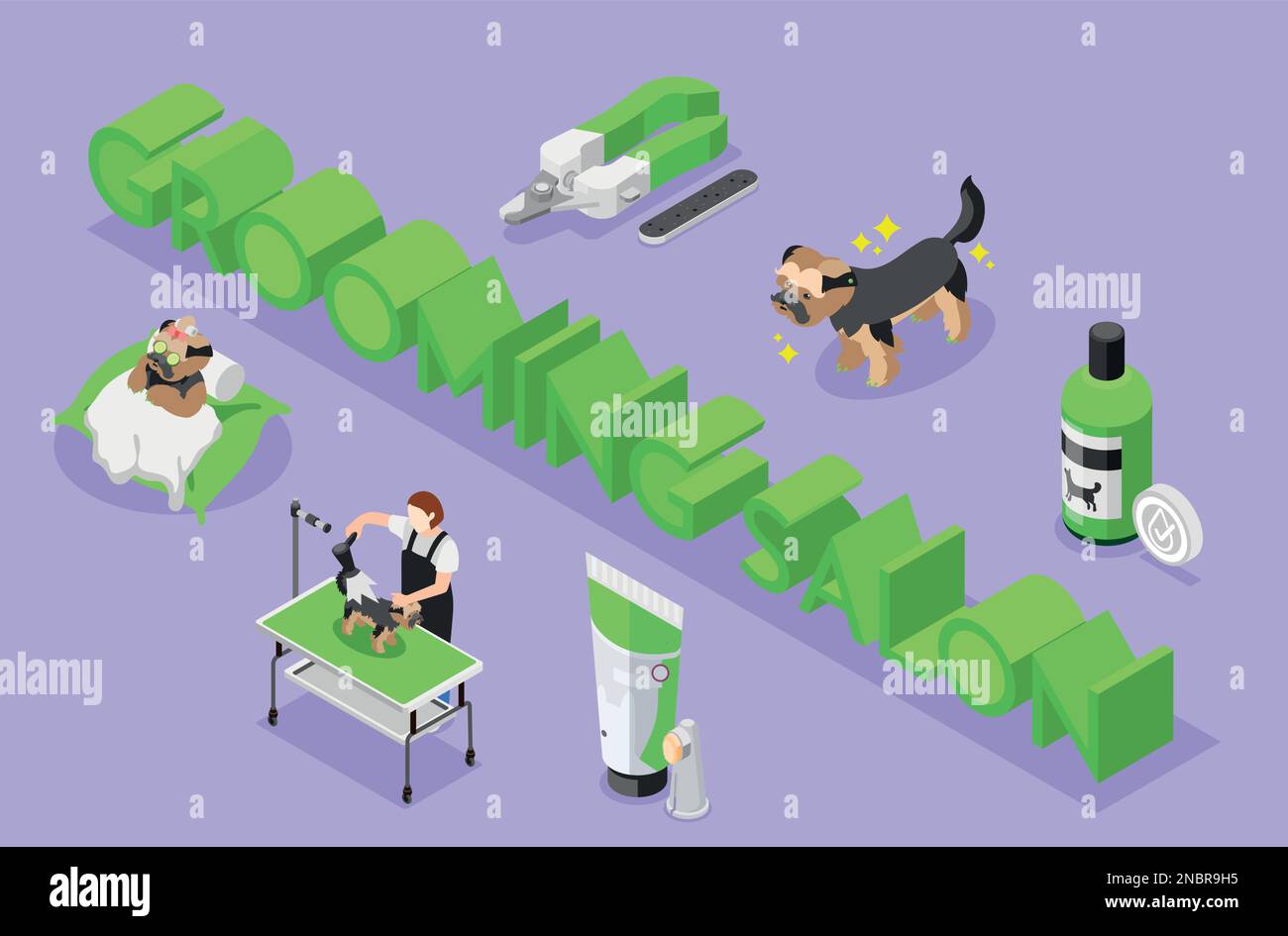 Arrière-plan isométrique de salon de toilettage avec composition de 3D textes de rognage et de lavage icônes d'animal et outils illustration vectorielle Illustration de Vecteur