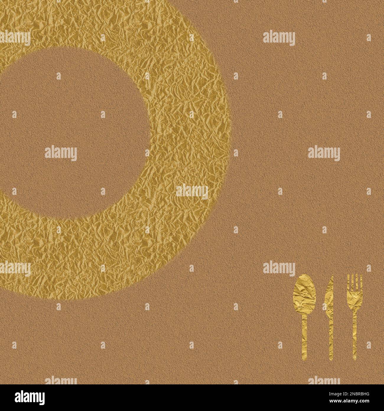Motif couverture de menu avec couteau, cuillère et fourchette dans des tons dorés, image carrée Banque D'Images