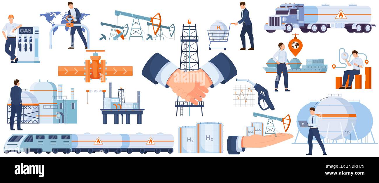 Économie de gaz ensemble plat de véhicules de fret de mer et de terre et éléments de terminal pour illustration de vecteur isolé de gaz naturel liquéfié Illustration de Vecteur