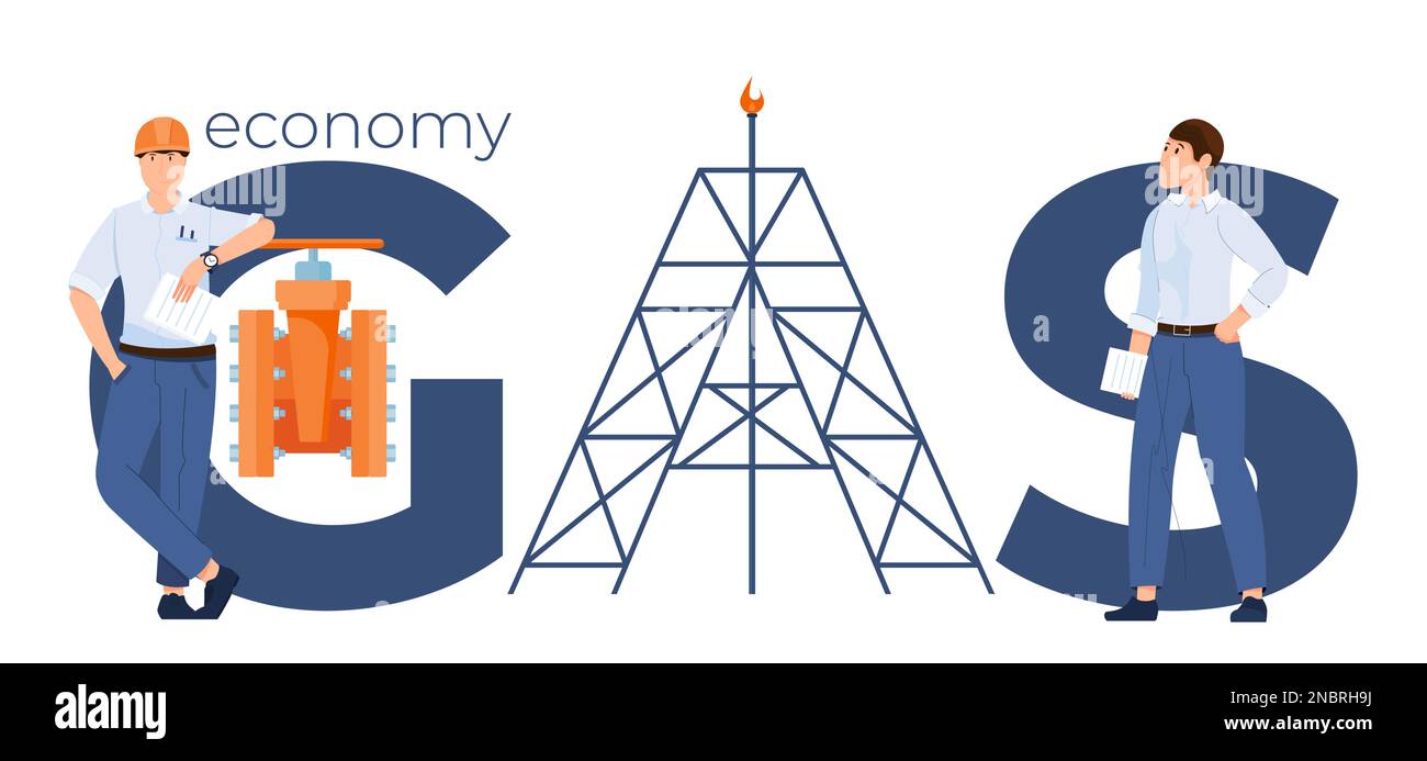 Texte plat économie de gaz avec de grandes lettres employés de sexe masculin et tuyau de blocage de valve pour l'illustration de vecteur de pompage Illustration de Vecteur