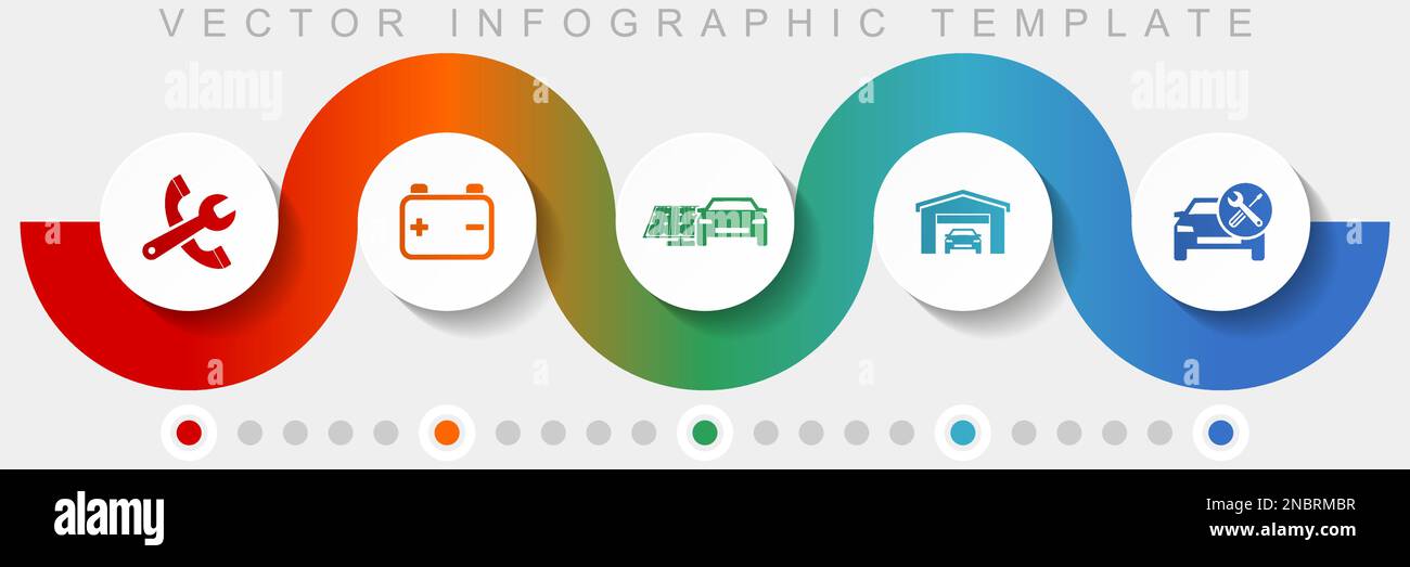 Modèle vectoriel d'infographie de service de voiture avec jeu d'icônes, icônes diverses telles que les outils, l'atelier, la batterie et l'énergie renouvelable pour le webdesign et la mob Illustration de Vecteur