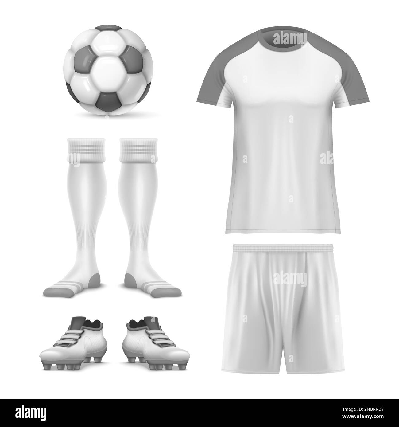 Uniforme et attributs de l'ensemble d'icônes de maquette de football réaliste pour l'illustration vectorielle du joueur de football Illustration de Vecteur