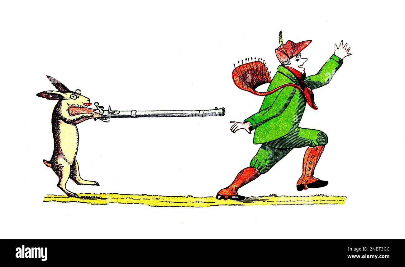 Die Geschichte vom wilden Jäger - le conte de la chasse sauvage de la version originale allemande du livre ' Das Struwwelpeter-album : aus Bilderbüchern ' par Hoffmann, Heinrich, 1809-1894 Date de publication 1900 Editeur Frankfurt am main : Rütten & Loening [ Der Struwelpeter (« Peter à tête de robinet » ou « Peter de poignard ») est un livre pour enfants allemand de Heinrich Hoffmann publié en 1845. Il comprend dix histoires illustrées et rimées, principalement sur les enfants. Chacun a une morale claire qui démontre les conséquences désastreuses d'un mauvais comportement d'une manière exagérée.[1] le titre de la première histoire fournit le TI Banque D'Images