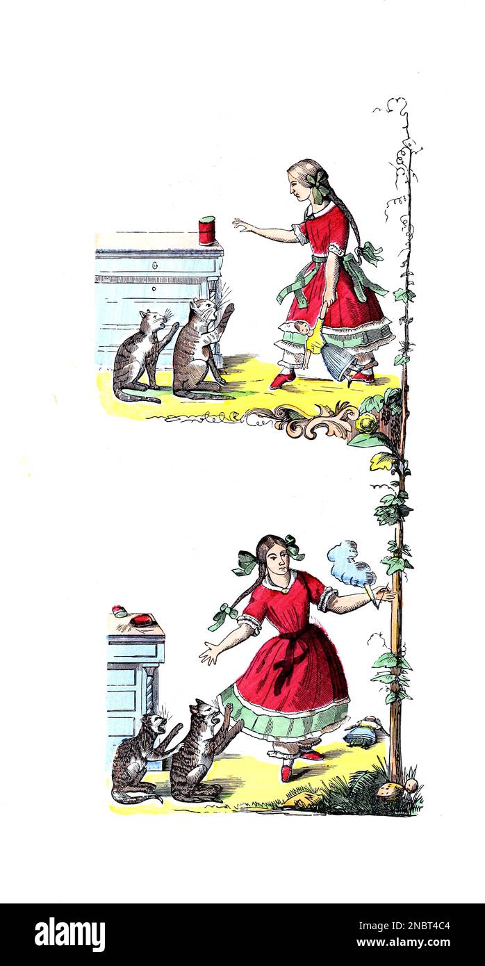 L'histoire effrayante sur Harriet et les allumettes de la version allemande originale du livre ' Der Struwwwelpeter : oder lustige Geschichten und drollige Bilder : für Kinder von 3-6 Jahren ' [ Shockheady Peter : ou histoires drôles et images drôles : Pour les enfants à partir de 3-6 ans ] par Hoffmann, Heinrich, 1809-1894 Date de publication 1879 Éditeur Philadelphie : Kohler Pub Co Banque D'Images