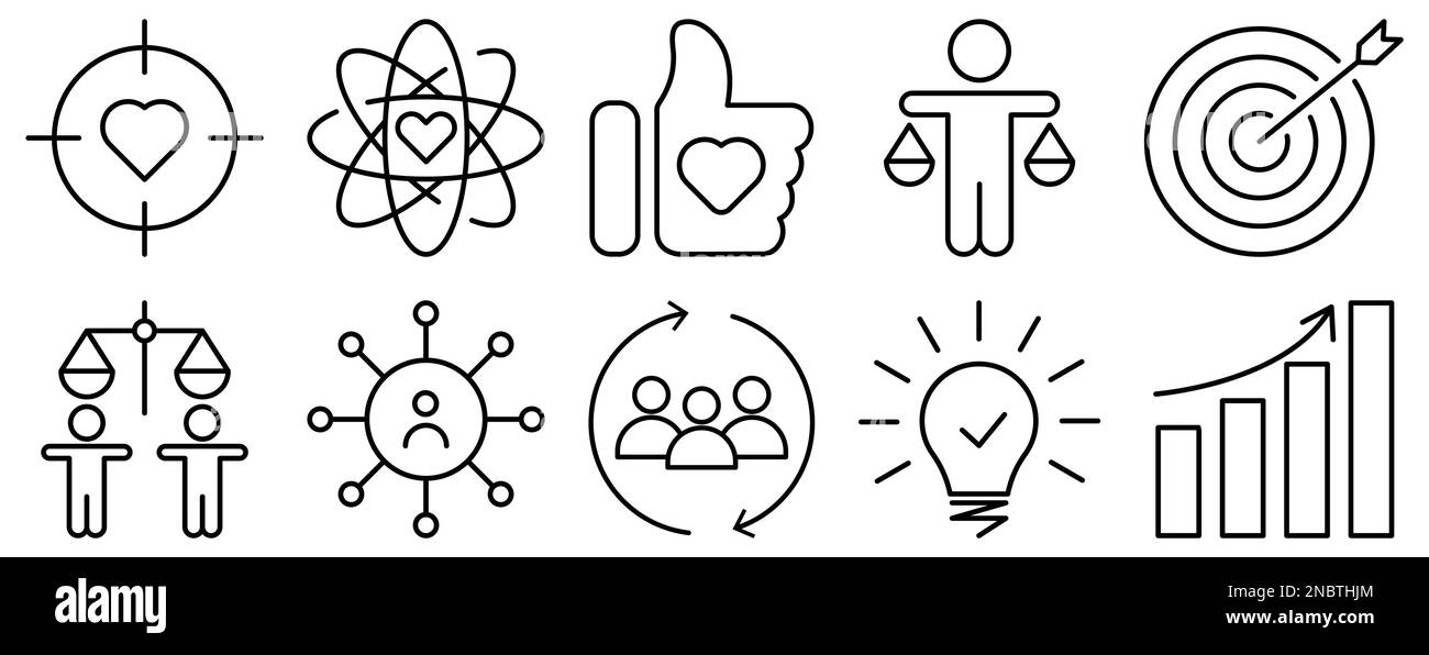 Ensemble d'icônes de valeurs fondamentales. Contenant les valeurs fondamentales, la réputation, les objectifs, le progrès, l'idée, l'intégrité, les clients, l'innovation, l'invisibilité, etc Vecteur illu Illustration de Vecteur