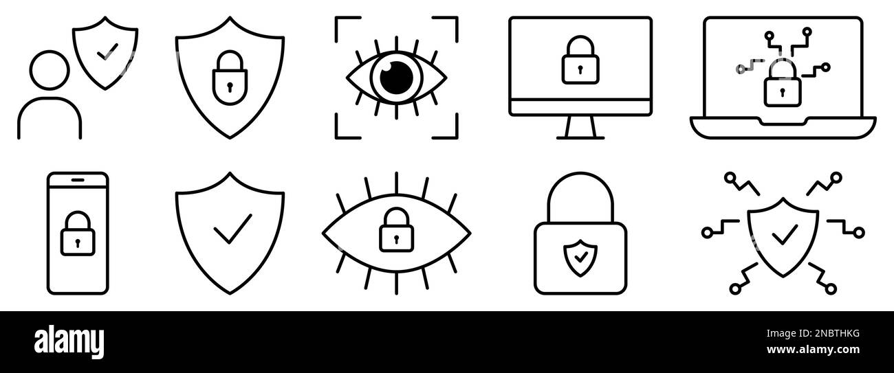 Icônes de ligne de sécurité définies. Accès aux yeux, protection Internet, mot de passe d'ordinateur portable, etc Illustration vectorielle Illustration de Vecteur