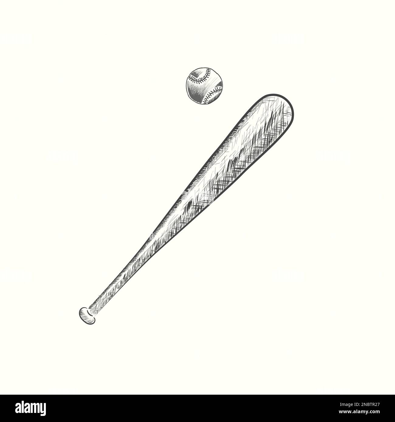 dessin main de batte de baseball et dessin vectoriel de balle en noir, détaillé dans le style vintage Illustration de Vecteur