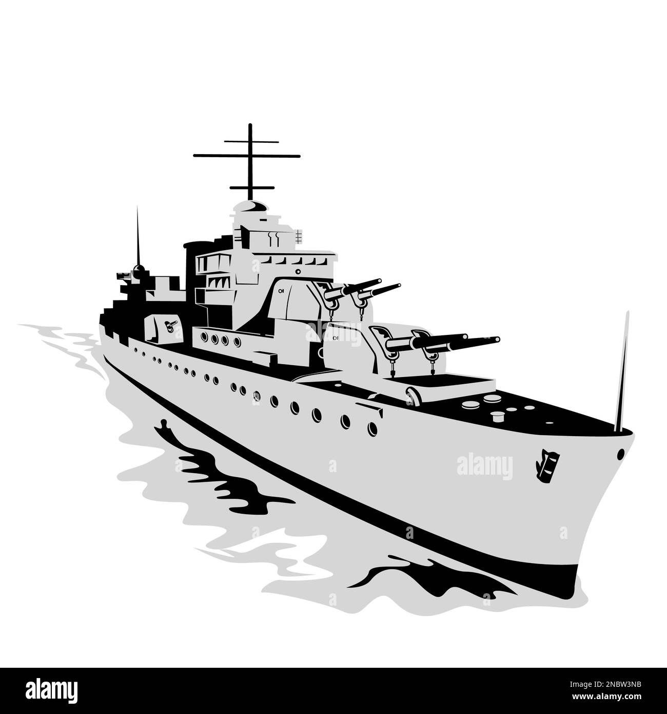 Illustration d'un destroyer de torpille de classe Fletcher de la deuxième Guerre mondiale ou d'une boîte d'étain en mer vue de l'avant sur un arrière-plan isolé fait dans un style rétro. Banque D'Images Illustration d'un destroyer de torpille de classe Fletcher de la deuxième Guerre mondiale ou d'une boîte d'étain en mer vue de l'avant sur un arrière-plan isolé fait dans un style rétro. Banque D'Images