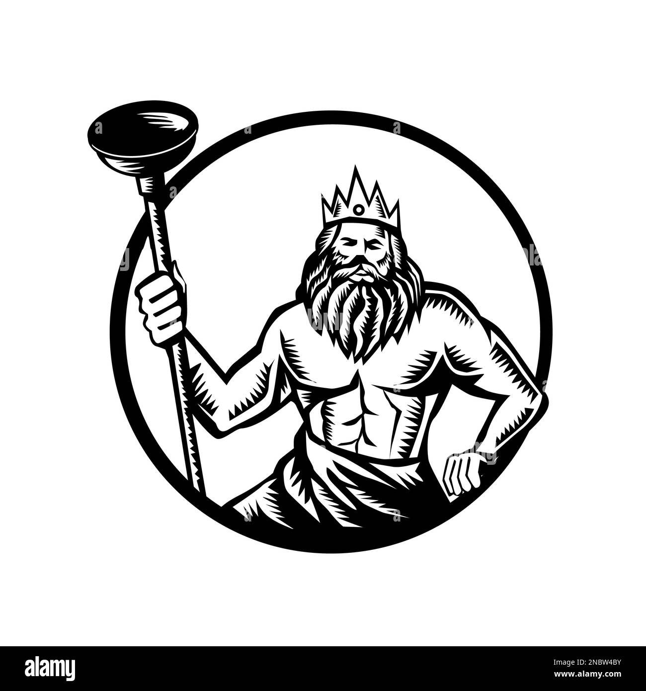 Illustration de neptune ou poséidon dieu de la mer tenant le piston de toilette vu de l'avant ensemble à l'intérieur du cercle dans le style rétro noir et blanc de coupe de bois. Banque D'Images Illustration de neptune ou poséidon dieu de la mer tenant le piston de toilette vu de l'avant ensemble à l'intérieur du cercle dans le style rétro noir et blanc de coupe de bois. Banque D'Images