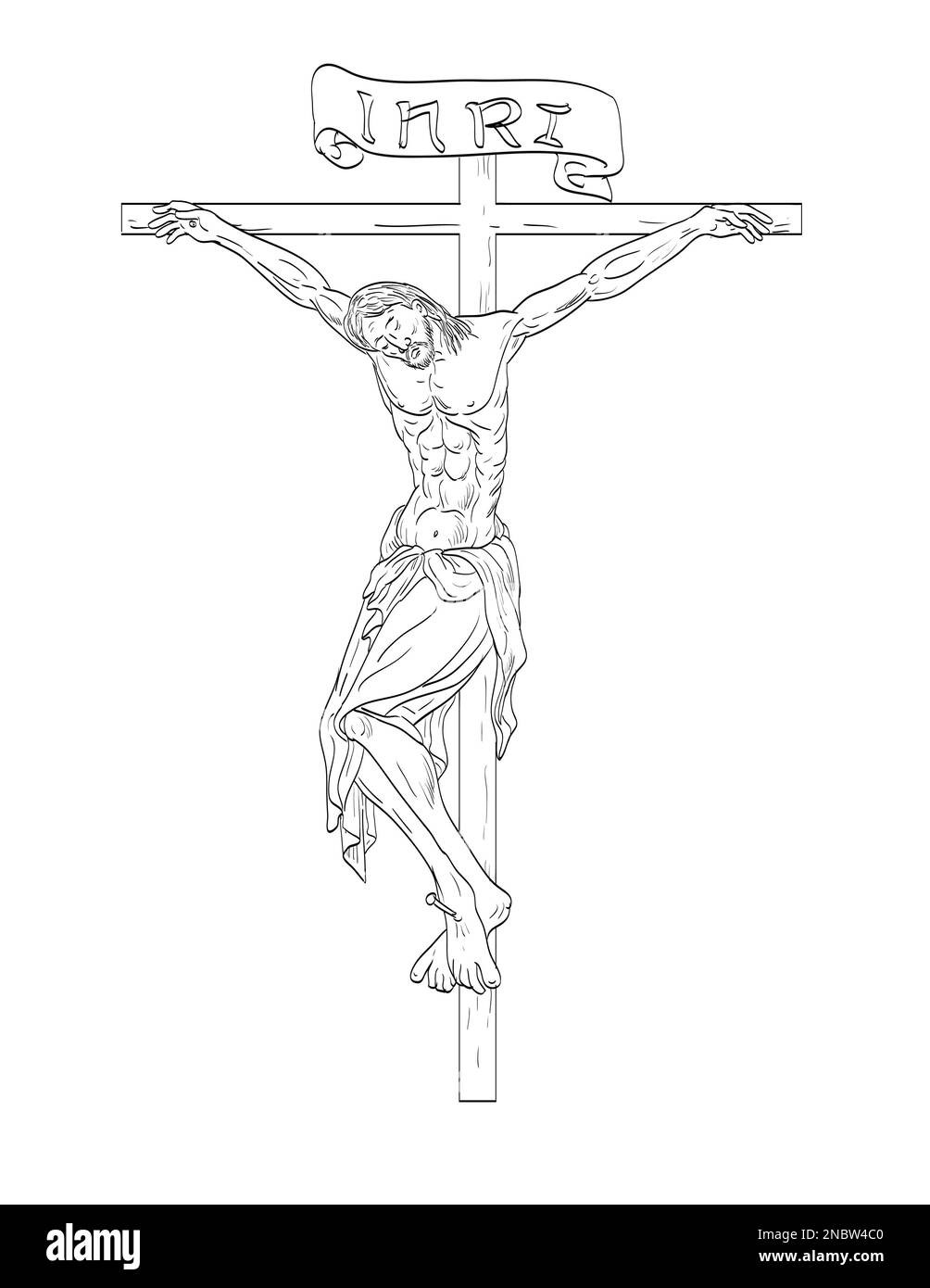 Dessin d'art de ligne illustration de Jésus-Christ accroché à la croix faite dans le style médiéval sur fond isolé en noir et blanc. Banque D'Images
