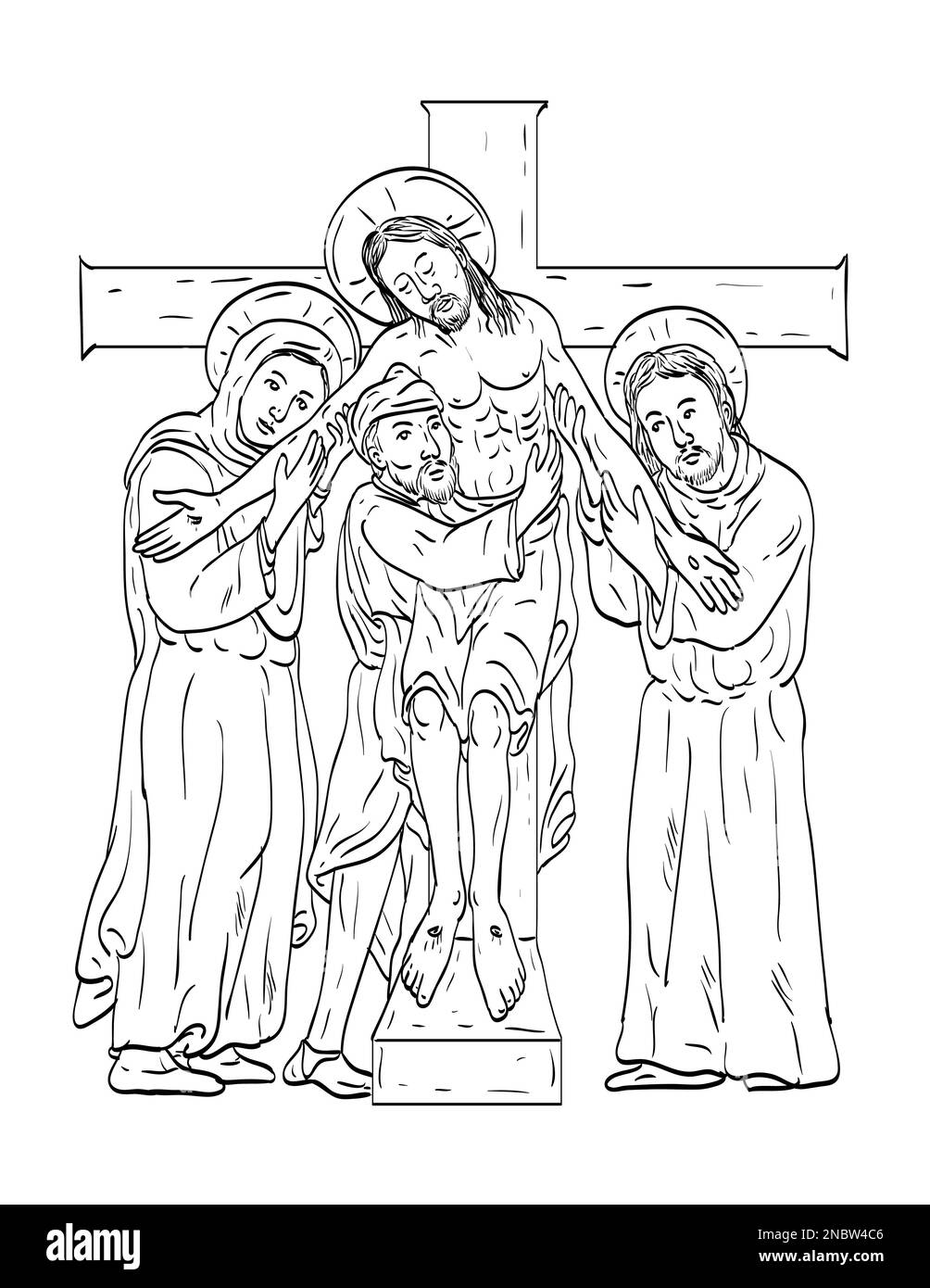 Dessin d'art de ligne illustration de Jésus-Christ prise de la croix avec Marie, Jean et Joseph dans le style médiéval sur isolé en noir et blanc. Banque D'Images