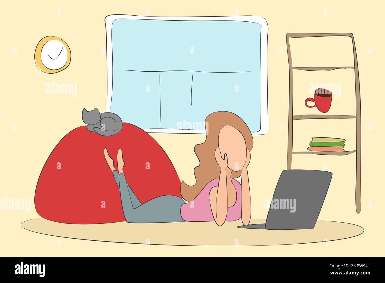 Femme couchée au sol avec un ordinateur portable. Temps libre. Illustration vectorielle. Illustration de Vecteur