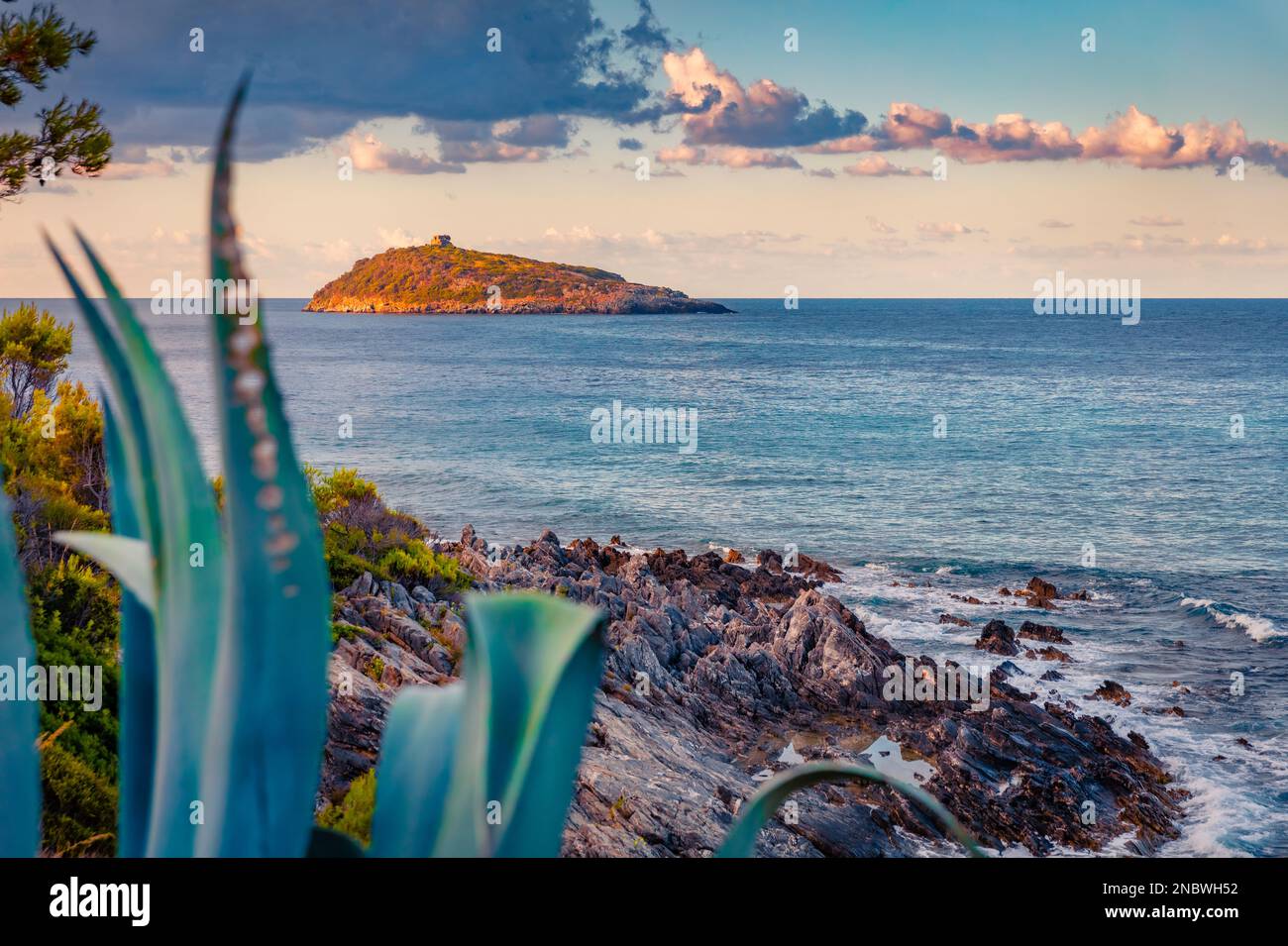 Rocky matin vue sur la côte méditerranéenne avec l'île de Cirella depuis la plage de Cirella. Magnifique lever de soleil d'été avec horizon infini. Scène extérieure incroyable Banque D'Images
