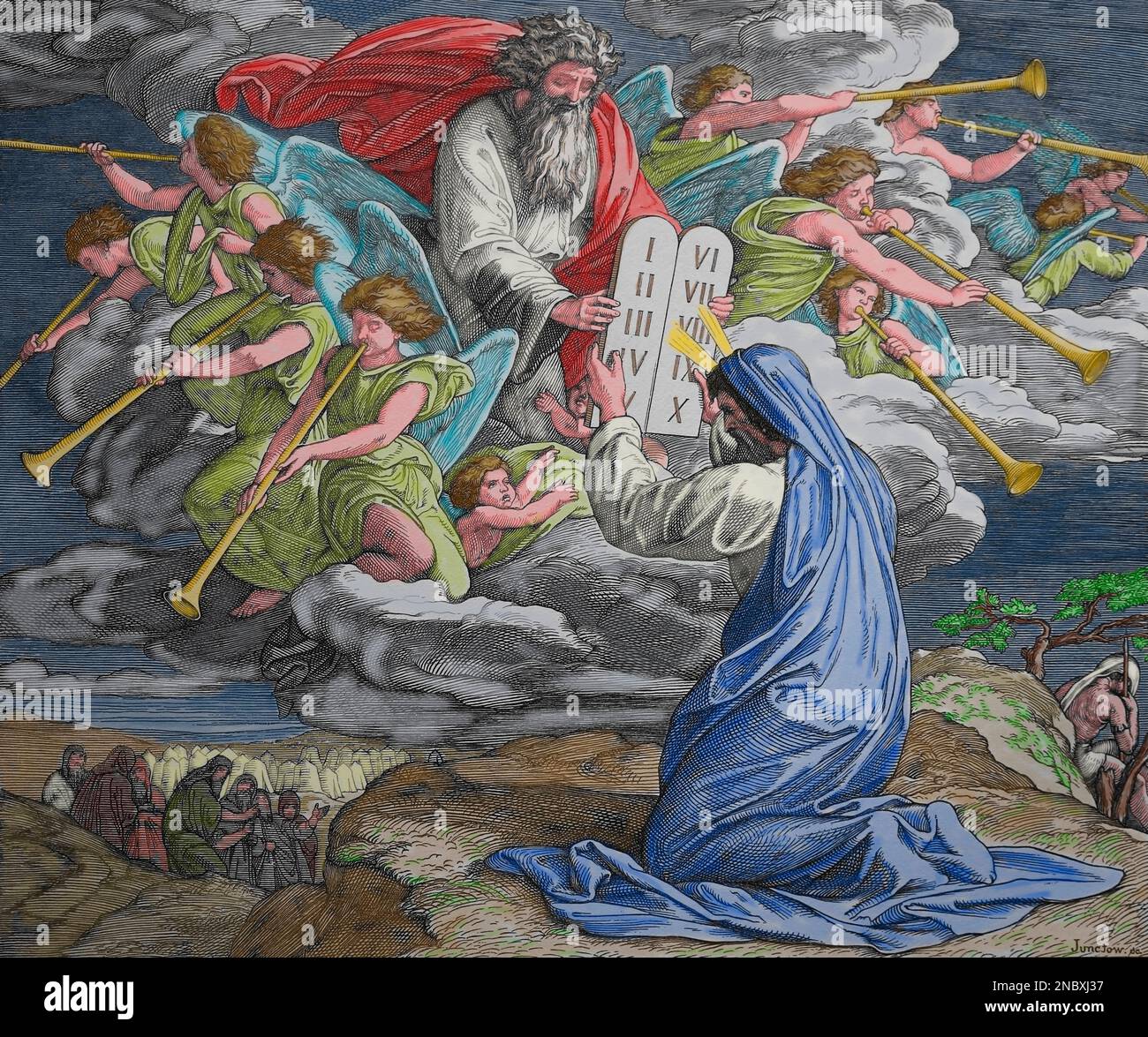 Moïse reçoit les Saints Commandements de Dieu, le Mont Sinaï.- Engraving. Banque D'Images