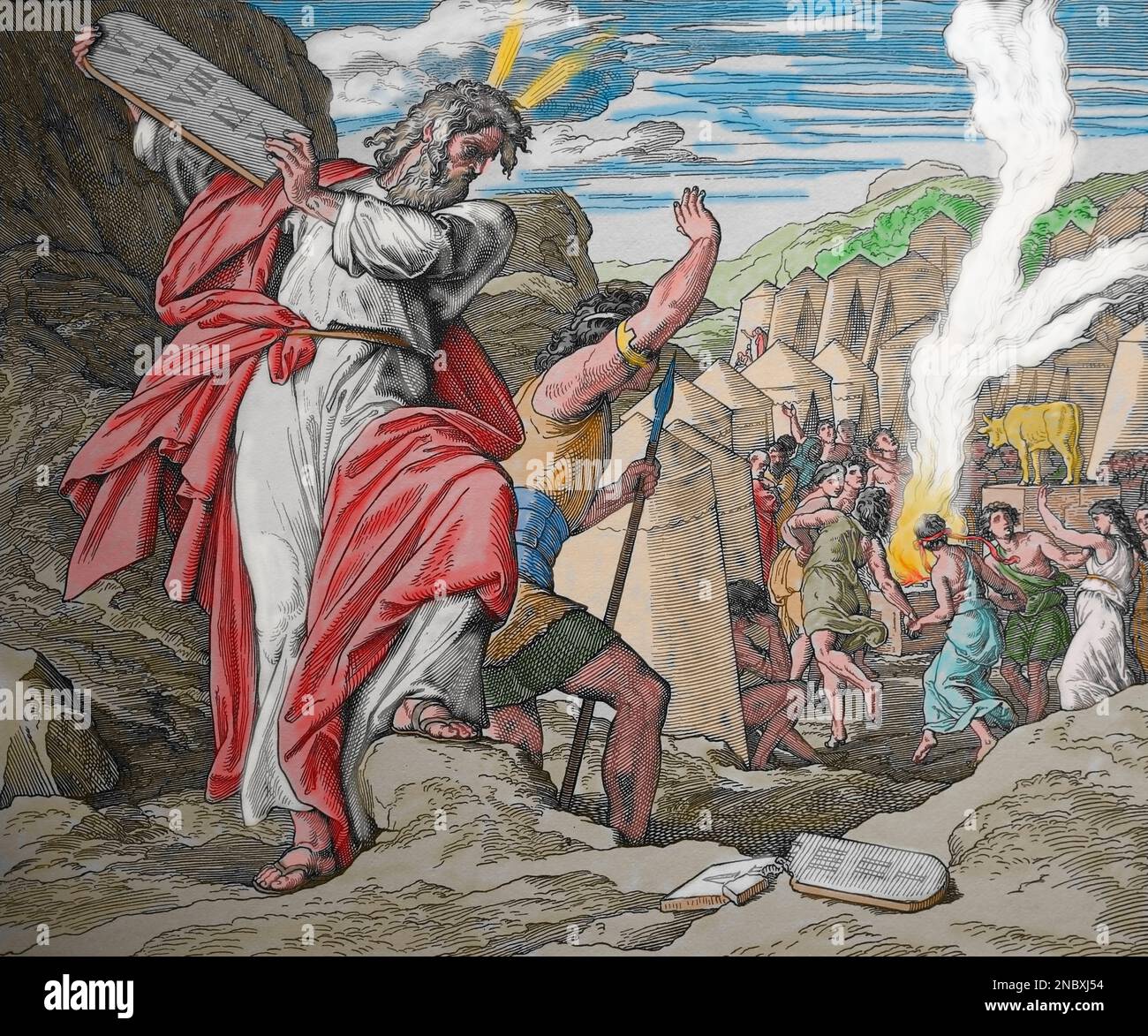 L'idolâtrie du veau d'or. Moïse détruit les tablettes de pierre. Bible. Exode. Gravure. Banque D'Images
