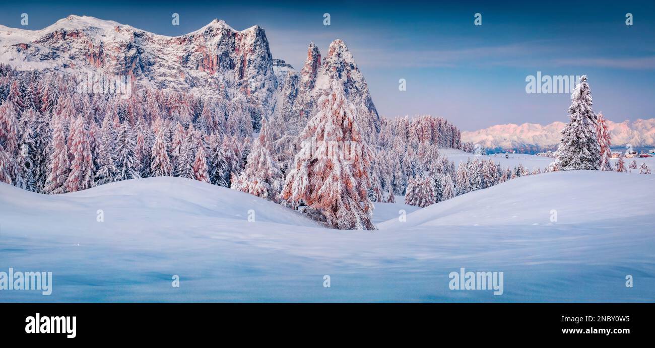 Vue panoramique le matin sur le village d'Alpe di Siusi. Lever de soleil d'hiver coloré dans les Alpes Dolomites. Paysage incroyable de la station de ski italienne. Beauté de nat Banque D'Images