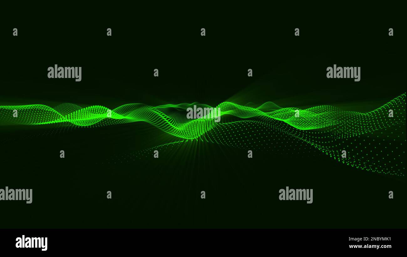 Arrière-plan abstrait vert avec particules fluides. Magnifique ensemble de points lumineux en forme de vague. Arrière-plan sombre abstrait avec points et lignes de connexion Banque D'Images