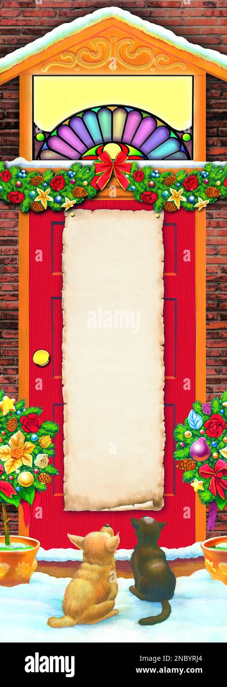 Vieux rouleau de papier avec copyspace pour insérer le nouvel an Congrats cloué à une porte, décoré avec des fleurs de Noël observé par chat assis et chien sur la neige Banque D'Images