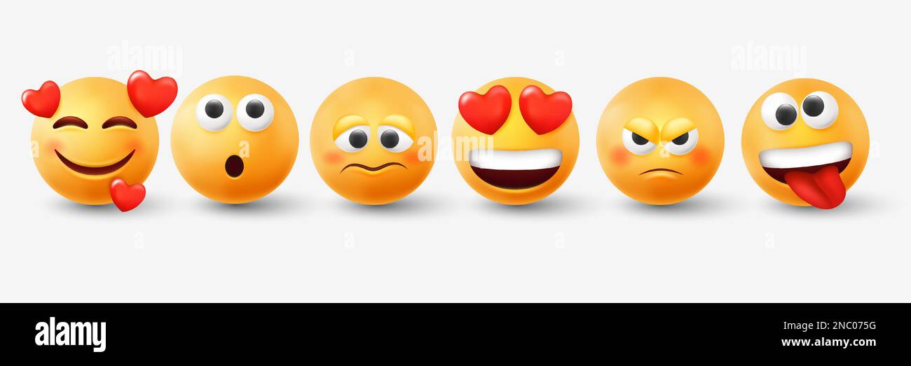3d émoticône, expression emoji, jaune rond sourires drôles. Balles romantiques et surprises avec les yeux et la bouche, rendu de coeur de joie, visages souriants heureux, symbole de bonne humeur. Illustration vectorielle objets isolés Illustration de Vecteur