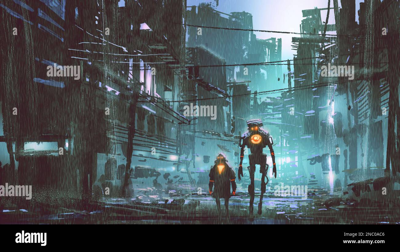 Deux robots marchant dans les rues d'une ville futuriste abandonnée par temps pluvieux, style d'art numérique, peinture d'illustration Banque D'Images