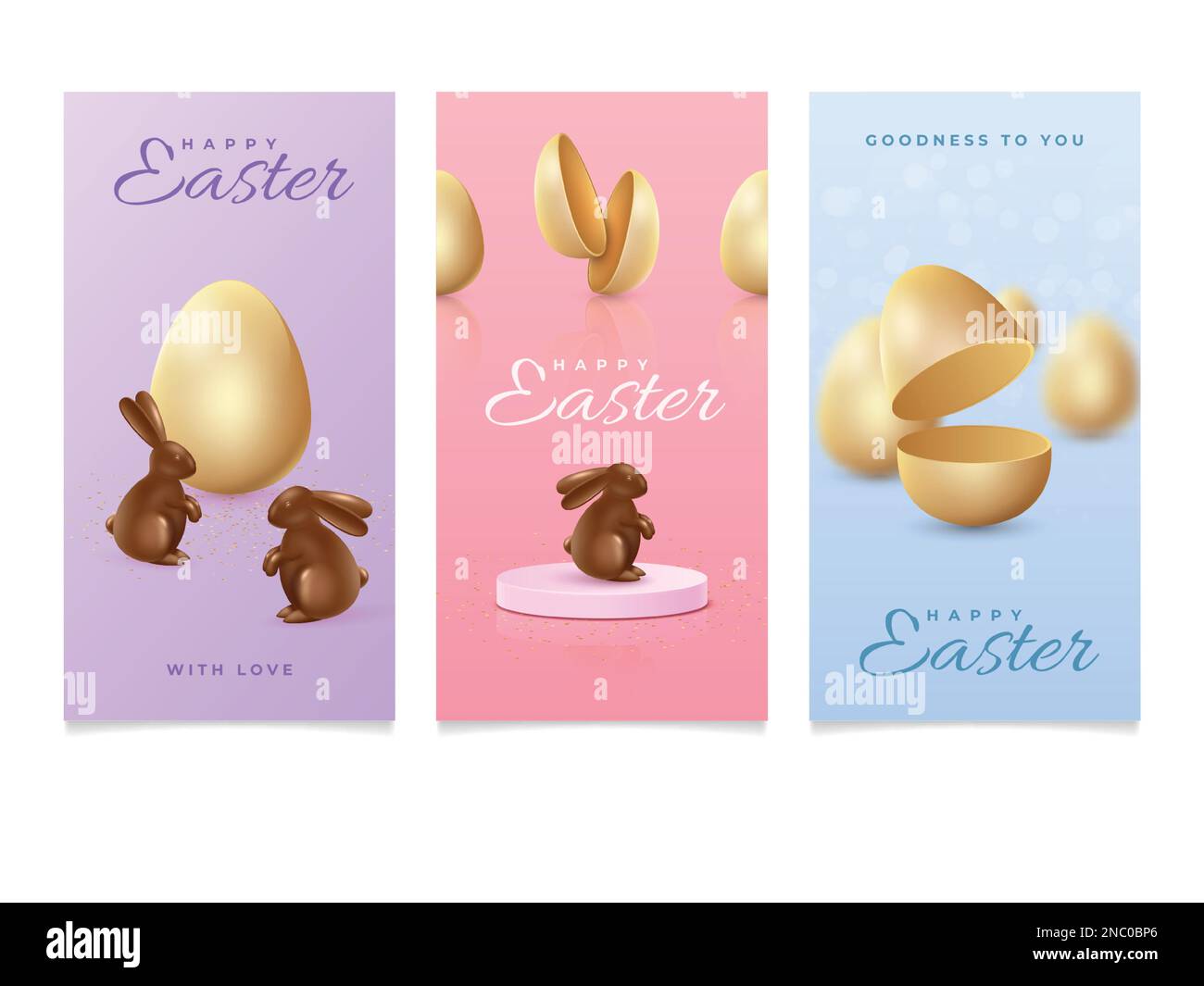 3D lapin de Pâques. Cartes de vœux. Œufs d'or et lapins au chocolat. Fête du printemps. Expérience professionnelle minimale pour les vacances. Bonne couverture avec de délicieuses coquilles d'œufs de cacao modernes. Ensemble d'affiches vectorielles Illustration de Vecteur