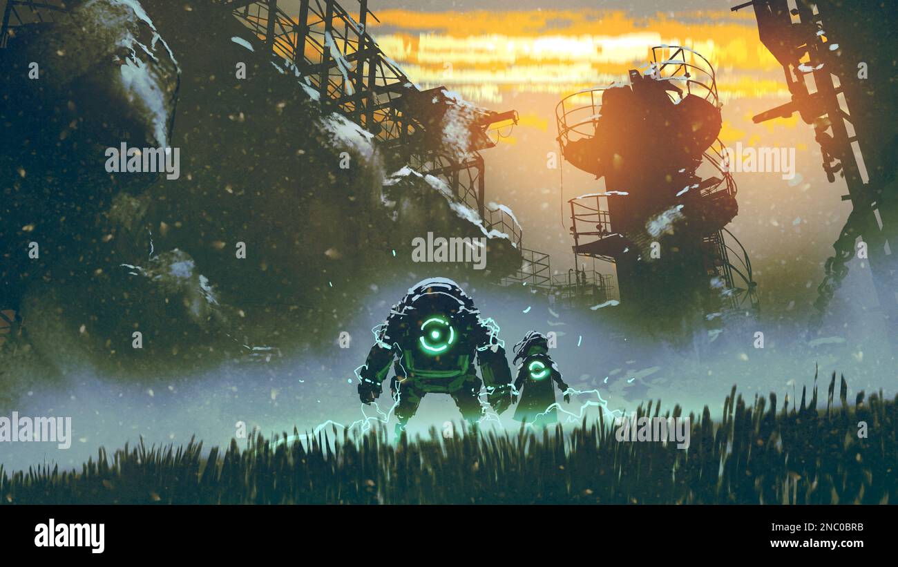 robot et petite fille debout sur le terrain regardant les ruines d'une ville abandonnée, style d'art numérique, peinture d'illustration Banque D'Images