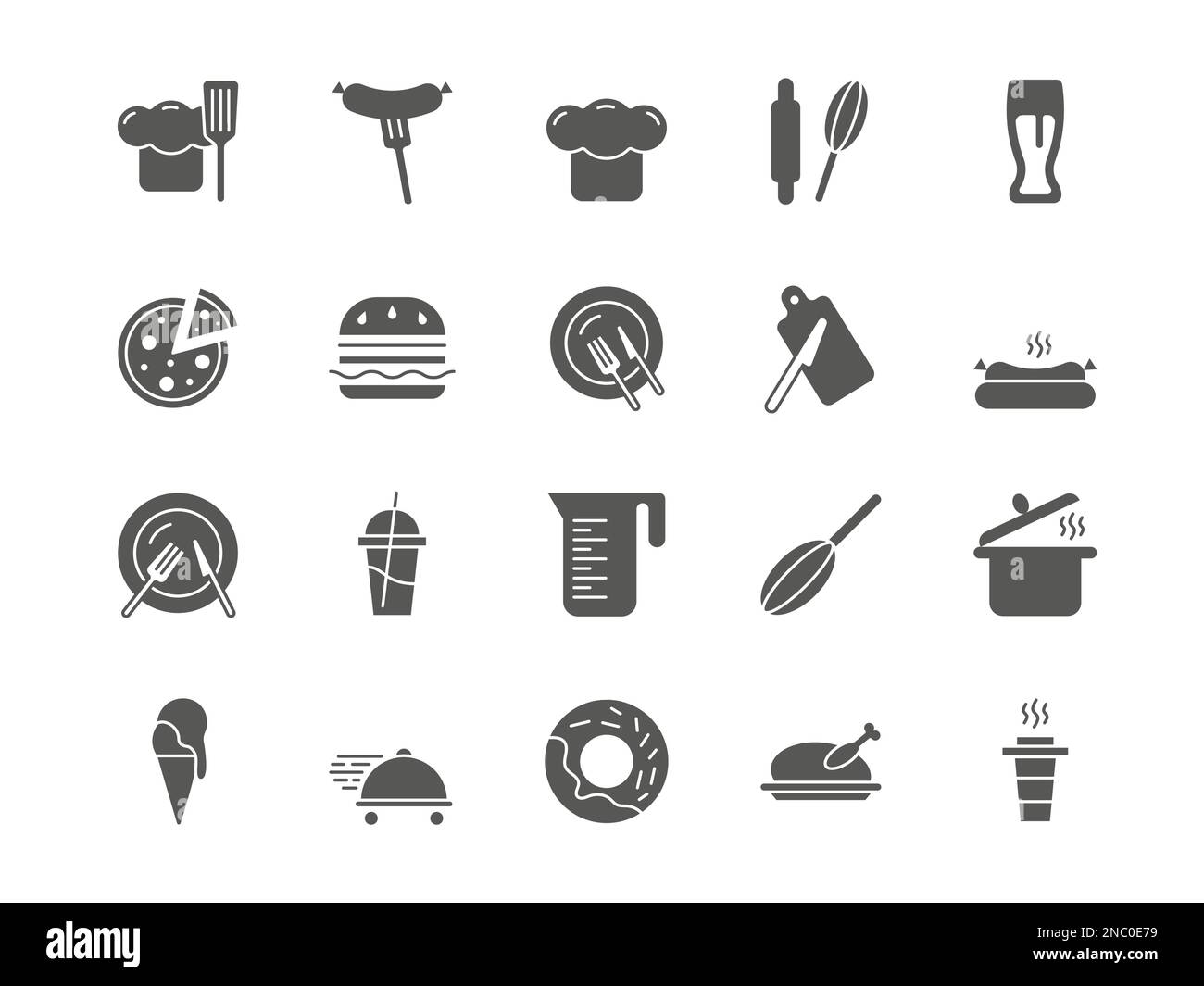 Icônes alimentaires. Faire cuire les pictogrammes de silhouette. Cuisine du restaurant. Recette du chef. Mangez à l'assiette ou à la marmite. Livre de cuisine et four. Dîner servi. Saucisse sur la fourchette. Beignet et crème glacée. Ensemble de symboles culinaires Vector Illustration de Vecteur