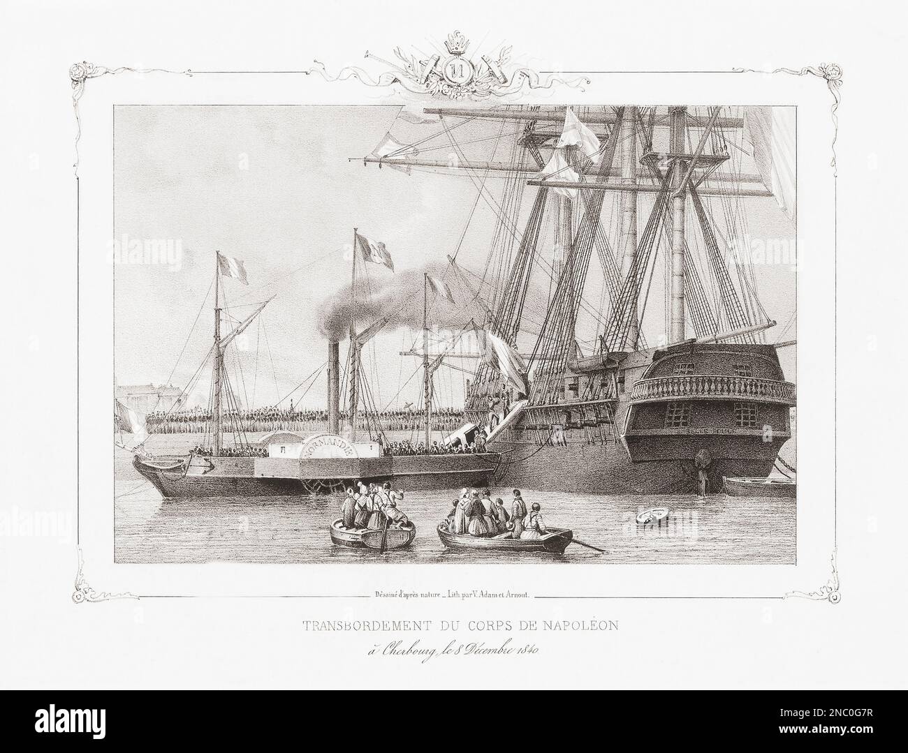 Le corps de Napoléon revient à Cherbourg, France, 8 décembre 1840. Dans la photo, son cercueil est transféré au bateau Normandie de la frégate Belle poule, qui l'a amené de Santa Helena où il est mort 5 mai 1821. Banque D'Images