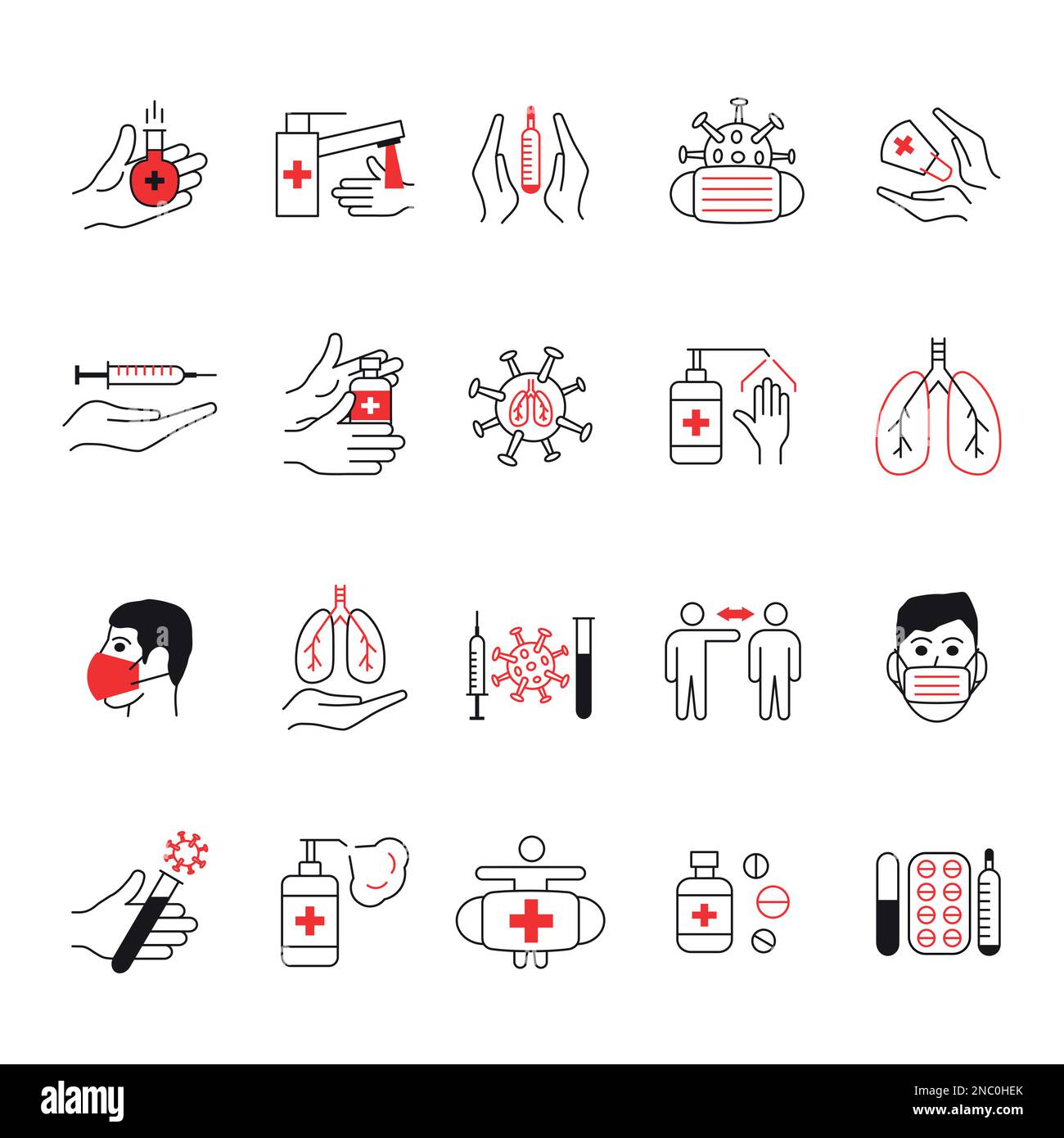 Virus Corona. Icônes de la médecine et des soins de santé. Symboles de sécurité du coronavirus. Symptômes de la grippe. Conseils en cas de pandémie. Masque médical. Désinfectant pour les mains. Pilules de fièvre. Injection de vaccins. Jeu de pictogrammes de lignes vectorielles Illustration de Vecteur