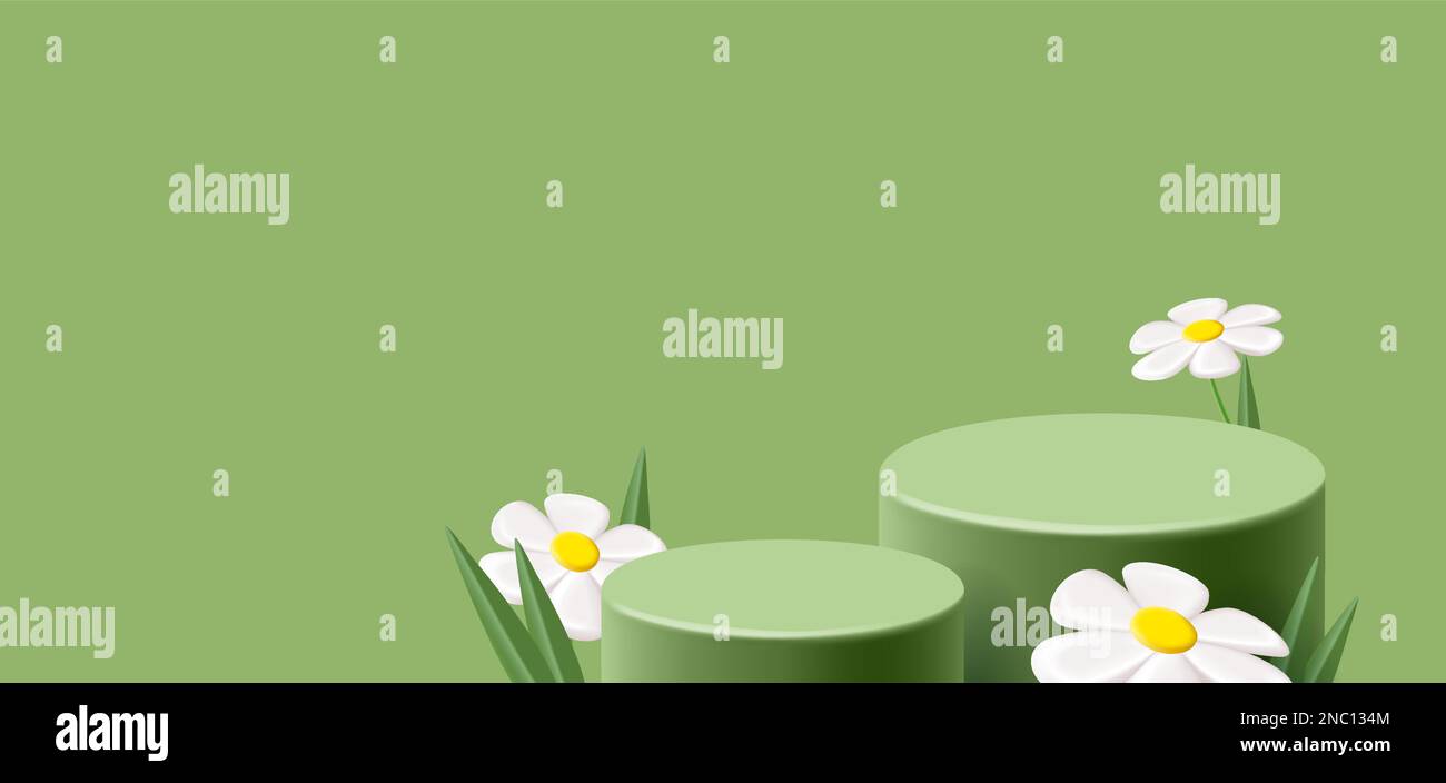 Podium vert printemps, pied cylindrique avec fleurs de camomille blanc et herbe, rendu 3D graphiques, spatio Illustration de Vecteur