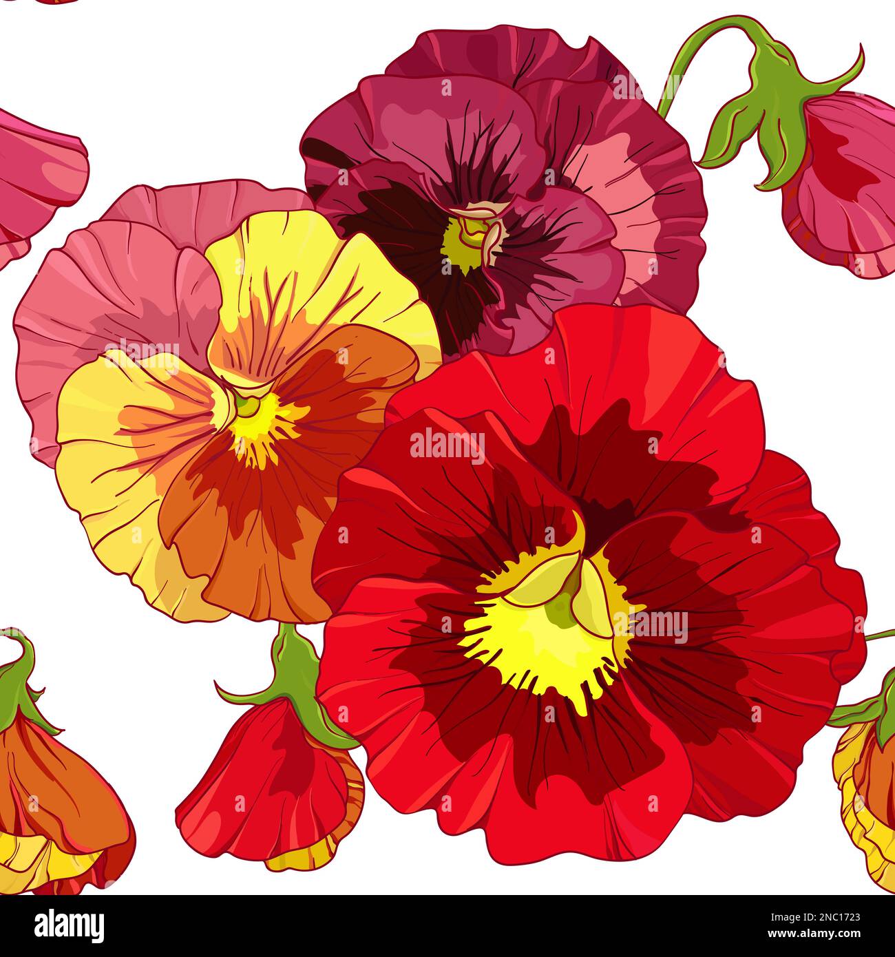 Fleurs de pansy rouge vif et orange . Motif vectoriel transparent. Illustration vectorielle de dessin à la main. Illustration de Vecteur