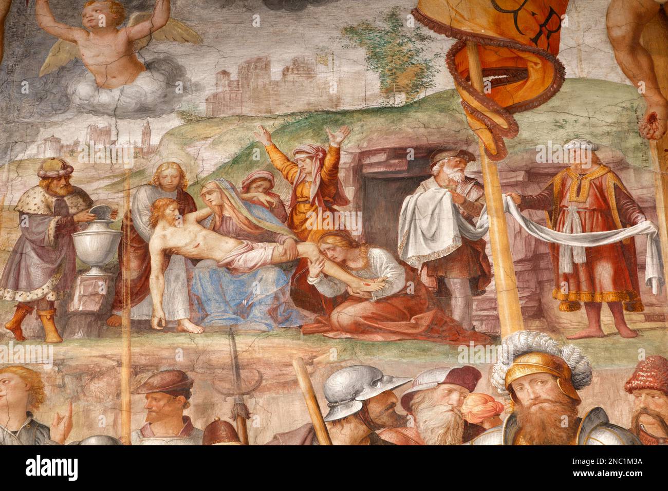 Détail de la passion et de la crucifixion, 1529 AD (par Bernardino Luini, disciple de Léonard) - Église de Santa Maria degli Angioli, Lugano, Suisse Banque D'Images