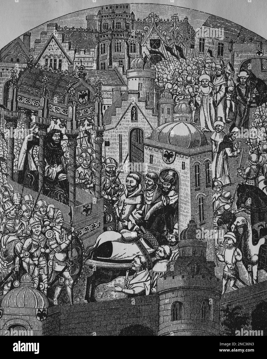 Couronnement de Charlemagne dans la ville de Jérusalem des chroniques de Charlemagne, 15th siècle. Banque D'Images