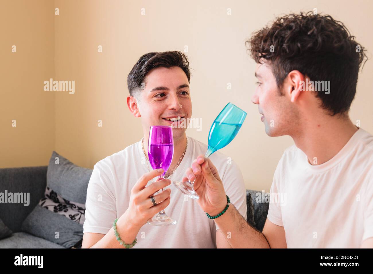 De jeunes hommes homosexuels latins se coupent avec des verres à vin dans leur salon. Saint Valentin Banque D'Images