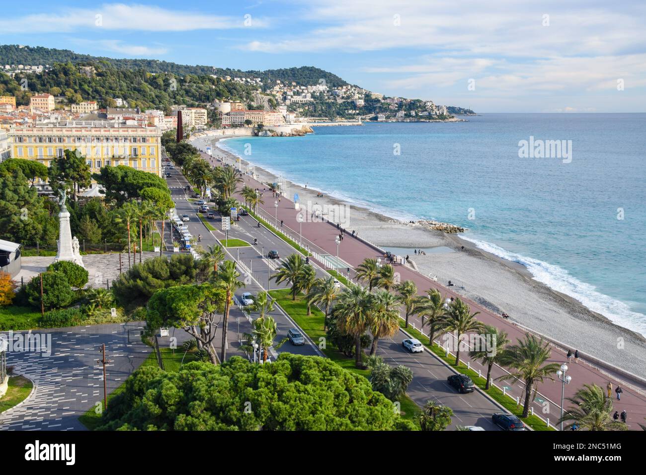 Vue panoramique aérienne de la Promenade des Anglais et du Quai des Etats Unis, Nice, Sud de la France, 13 novembre 2019. Banque D'Images