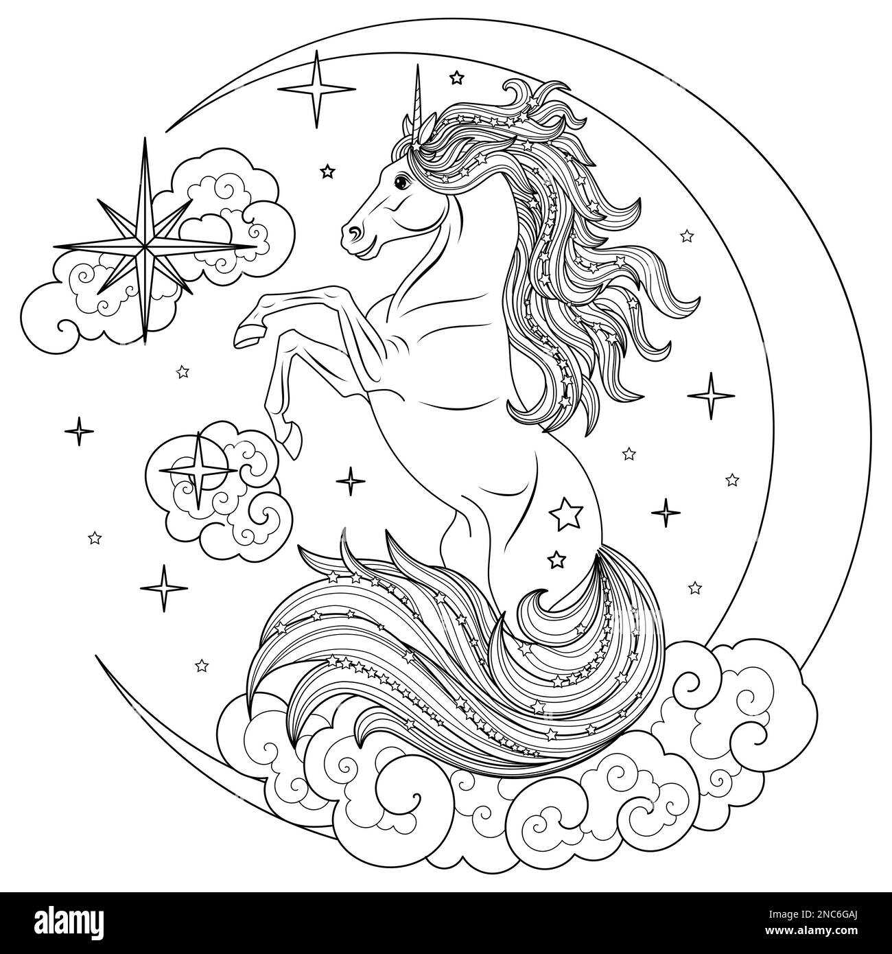Une belle licorne sur un croissant lunaire. Illustration vectorielle. Illustration de Vecteur