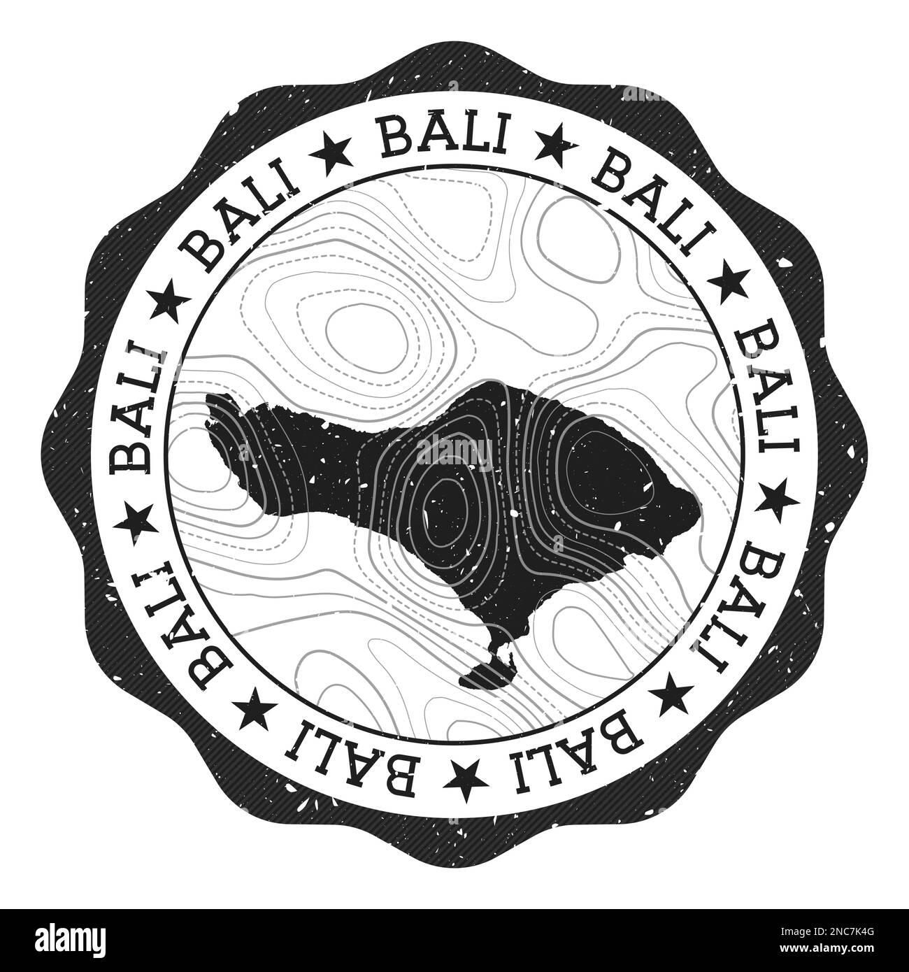Timbre extérieur Bali. Autocollant rond avec carte de l'île avec isolines topographiques. Illustration vectorielle. Illustration de Vecteur