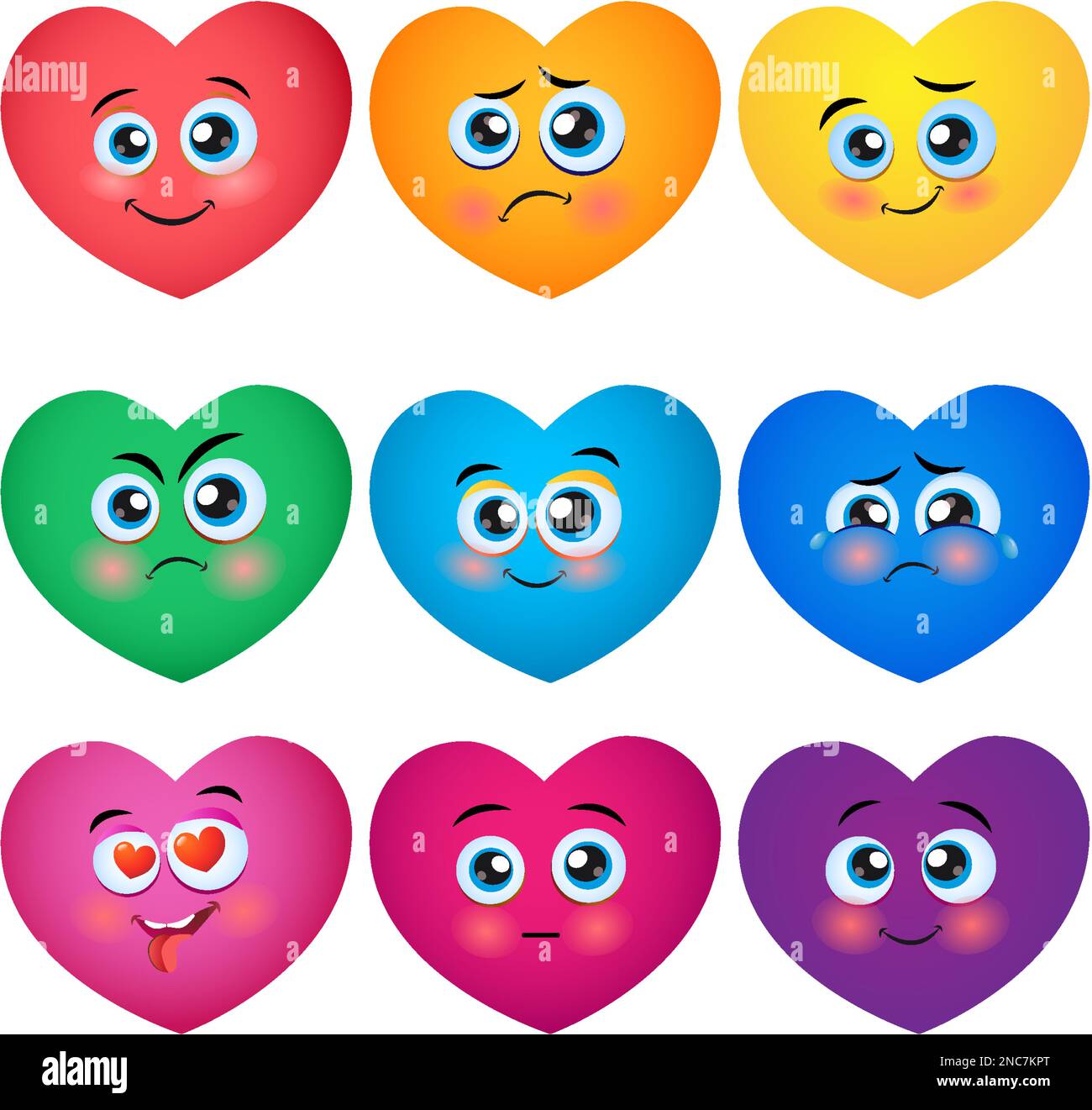 Cœurs souriants de couleur amusante. Personnages de dessin animé. Ensemble d'icônes de cœur à vecteur lumineux. La main créative a dessiné des coeurs avec des émotions différentes. Vecteur Ill Illustration de Vecteur
