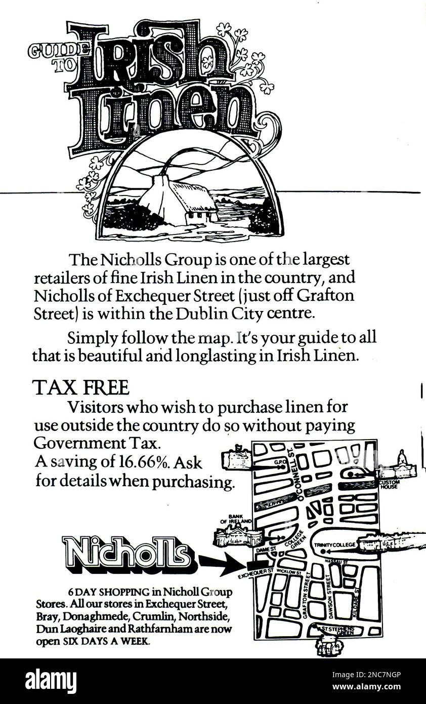 Une publicité de 1979 pour Nichols Group Stores opérant alors à partir d'un certain nombre d'emplacements à Dublin, Irlande. Ils ont un magasin dans Rathfarnham actuellement le commerce et avec une présence en ligne. Ils se décrivent en 1979 comme l'un des plus grands détaillants de lin irlandais. Banque D'Images