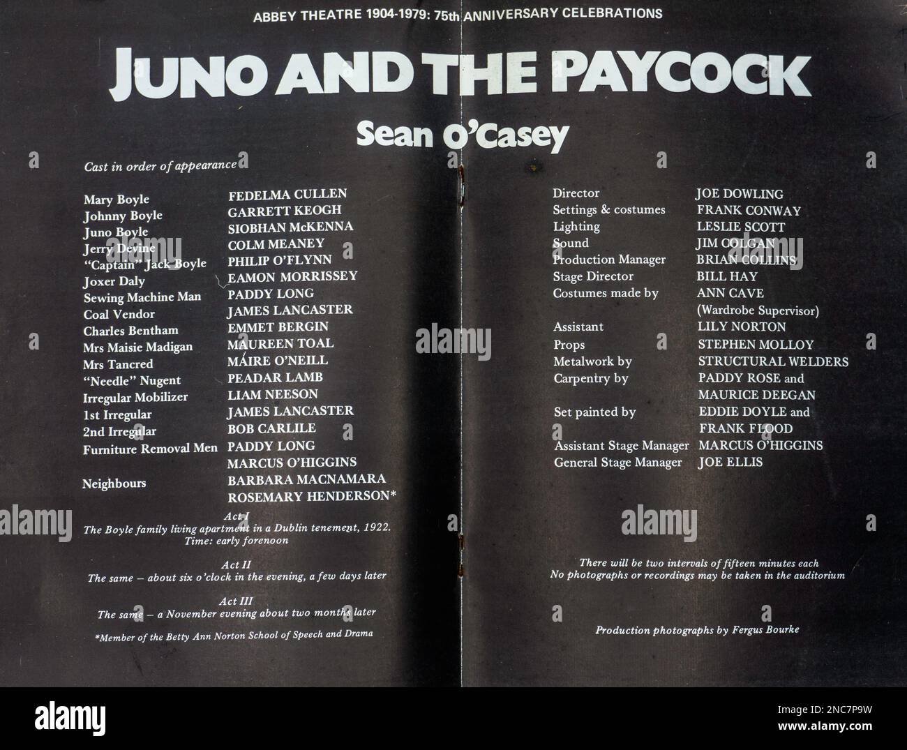 La liste des acteurs pour la production 1979 de Sean O’Caseys, Juno et Paycock, dans le théâtre Abbey, Dublin, Irlande. Directeur Joe Dowling. Banque D'Images